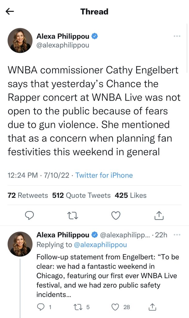 WNBA had no fans at Chance The Rapper concert due to gun concerns