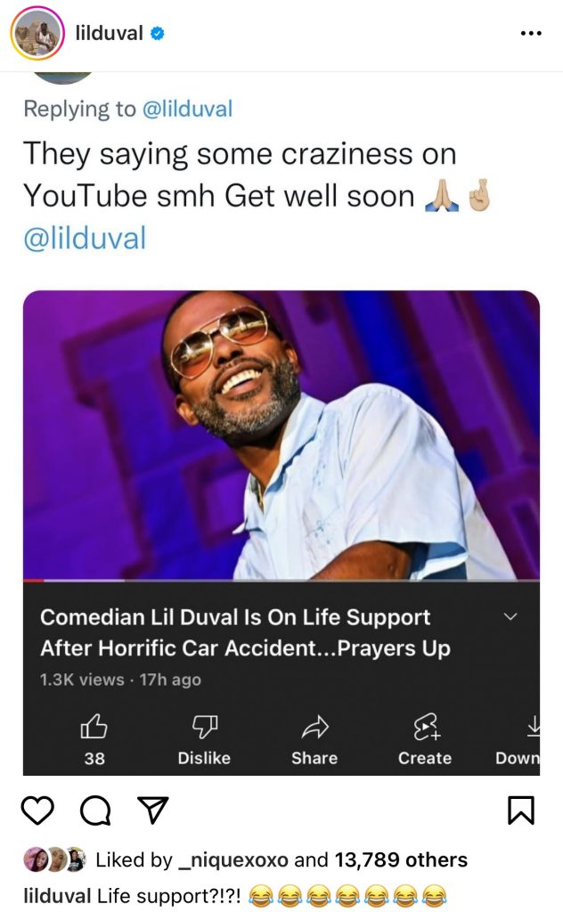 Lil Duval denies being on life support after car crash