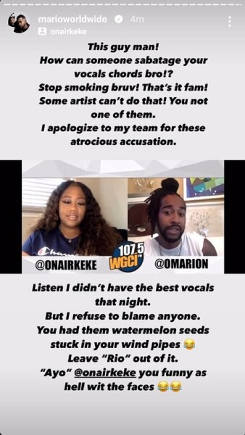 Mario responds to Omarion accusing him of sabotaging his vocals
