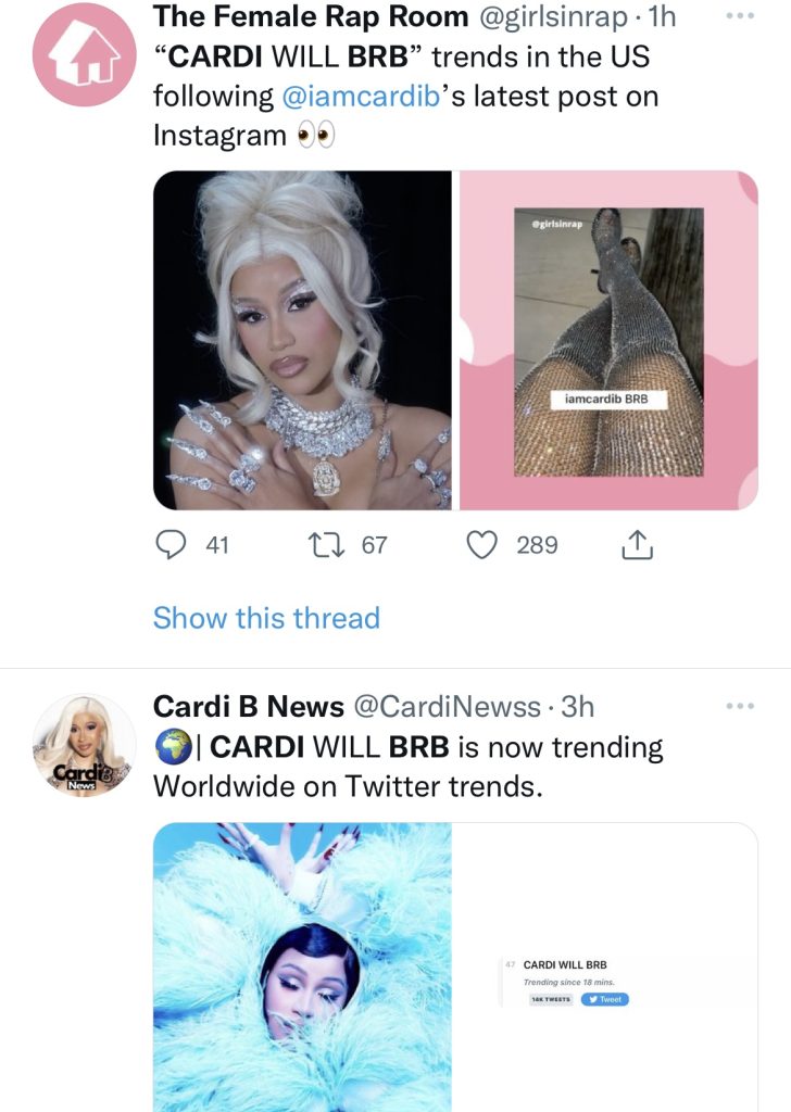 Cardi B hints at new music coming with "BRB" post
