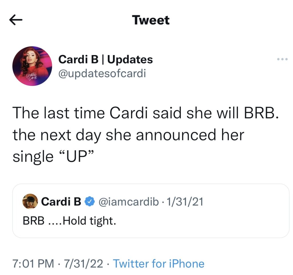 Cardi B hints at new music coming with "BRB" post