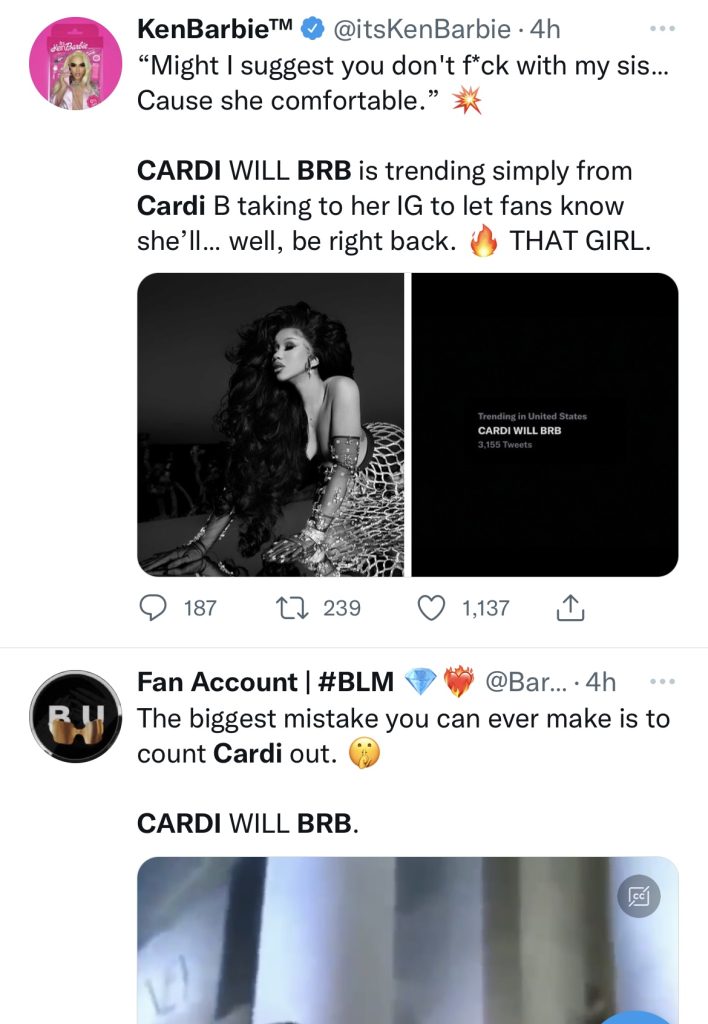 Cardi B hints at new music coming with "BRB" post
