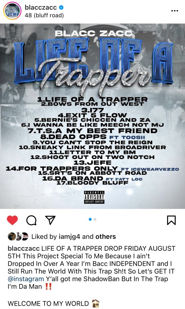 Blacc Zacc reveals "Life Of A Trapper" tracklist