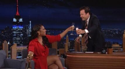 Megan Thee Stallion pops champagne bottle with Jimmy Fallon
