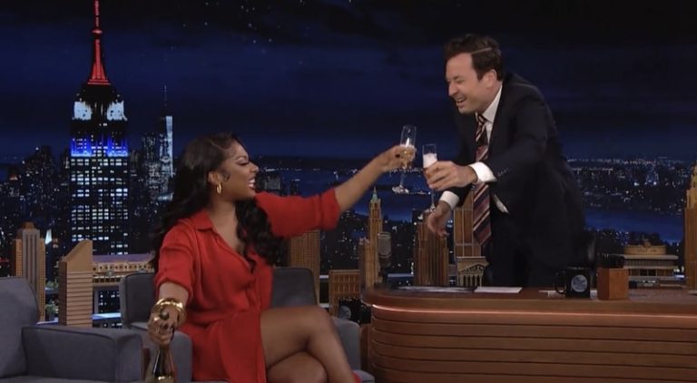 Megan Thee Stallion pops champagne bottle with Jimmy Fallon