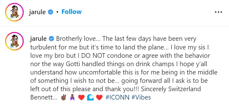 Ja Rule says he does not condone Irv Gotti's comments on Ashanti