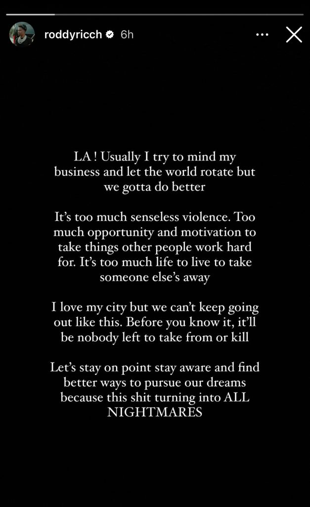 Roddy Ricch’s condemns LA violence after passing of PnB Rock