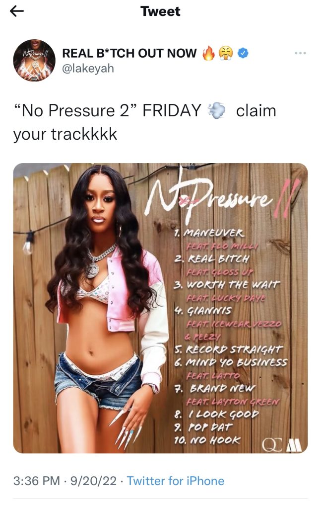 Lakeyah reveals “No Pressure 2” tracklist