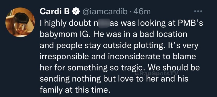 Cardi B defends PnB Rock's girlfriend from set up accusations