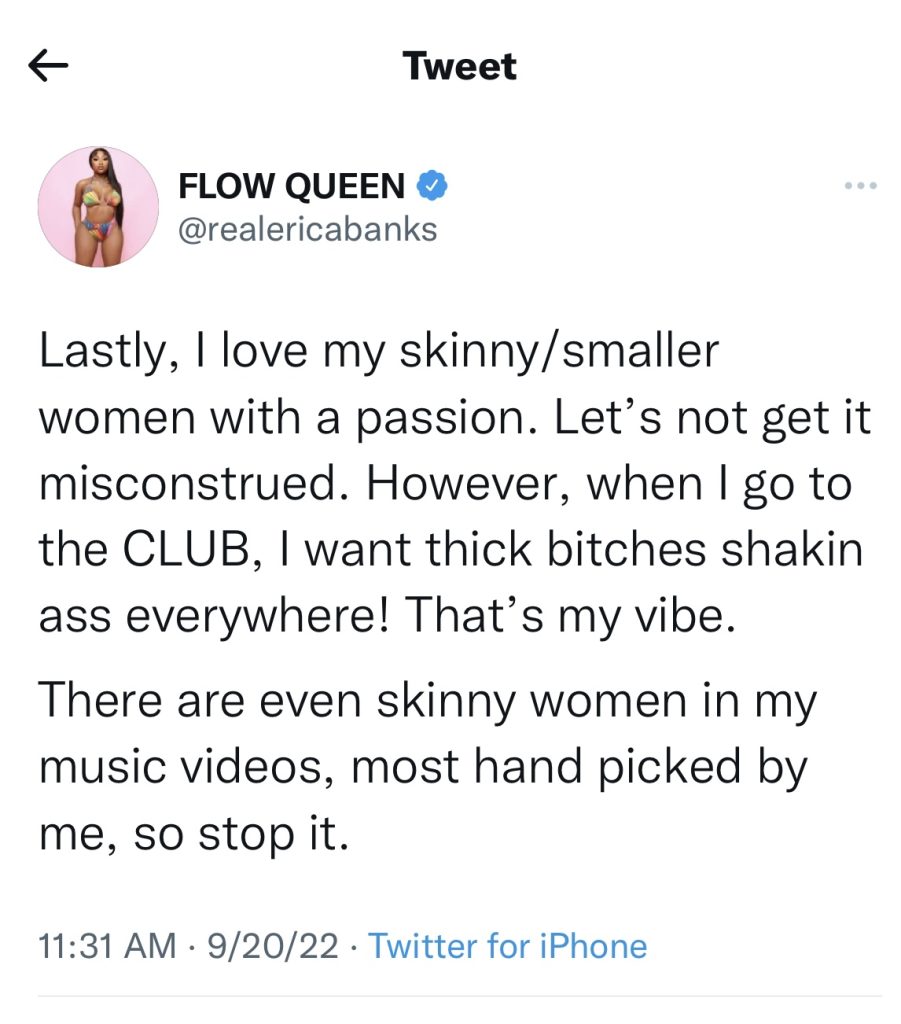 Erica Banks criticized for saying how women with her should look