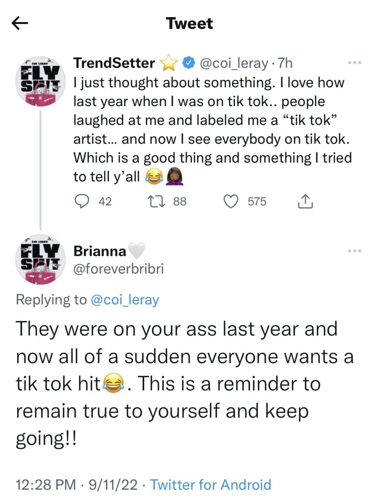 Coi Leray calls out critics who called her a "TikTok artist"
