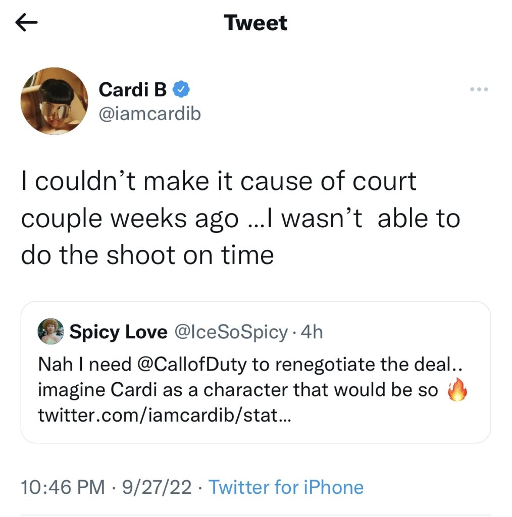 Cardi B says court case made her miss Call Of Duty collaboration