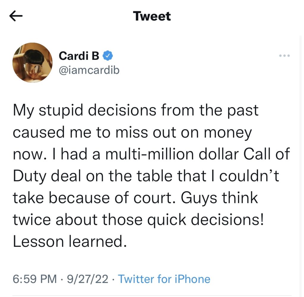 Cardi B says court case made her miss Call Of Duty collaboration