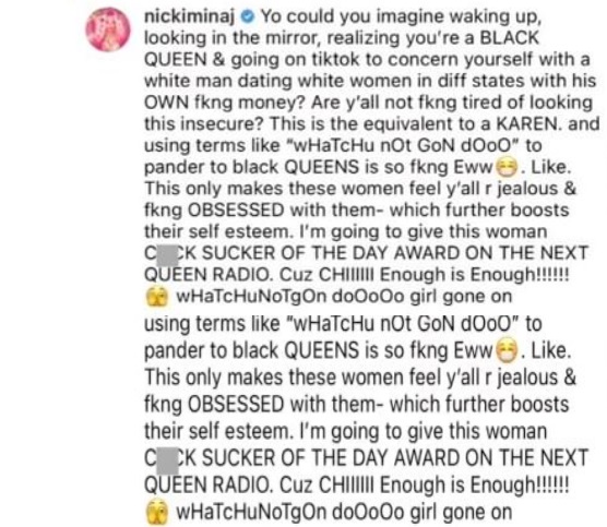 Nicki Minaj calls the Black TikToker a Karen for blasting white man