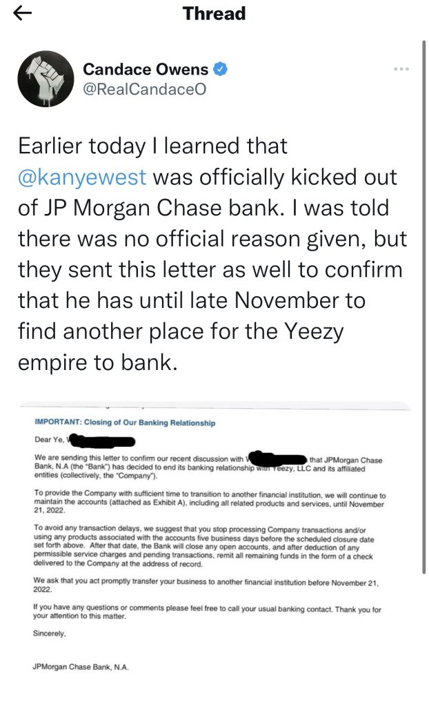 Kanye West reportedly kicked out of JP Morgan Chase bank 
