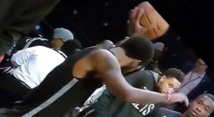 Ben Simmons misses a shot and the ball hits Kyrie Irving in the face