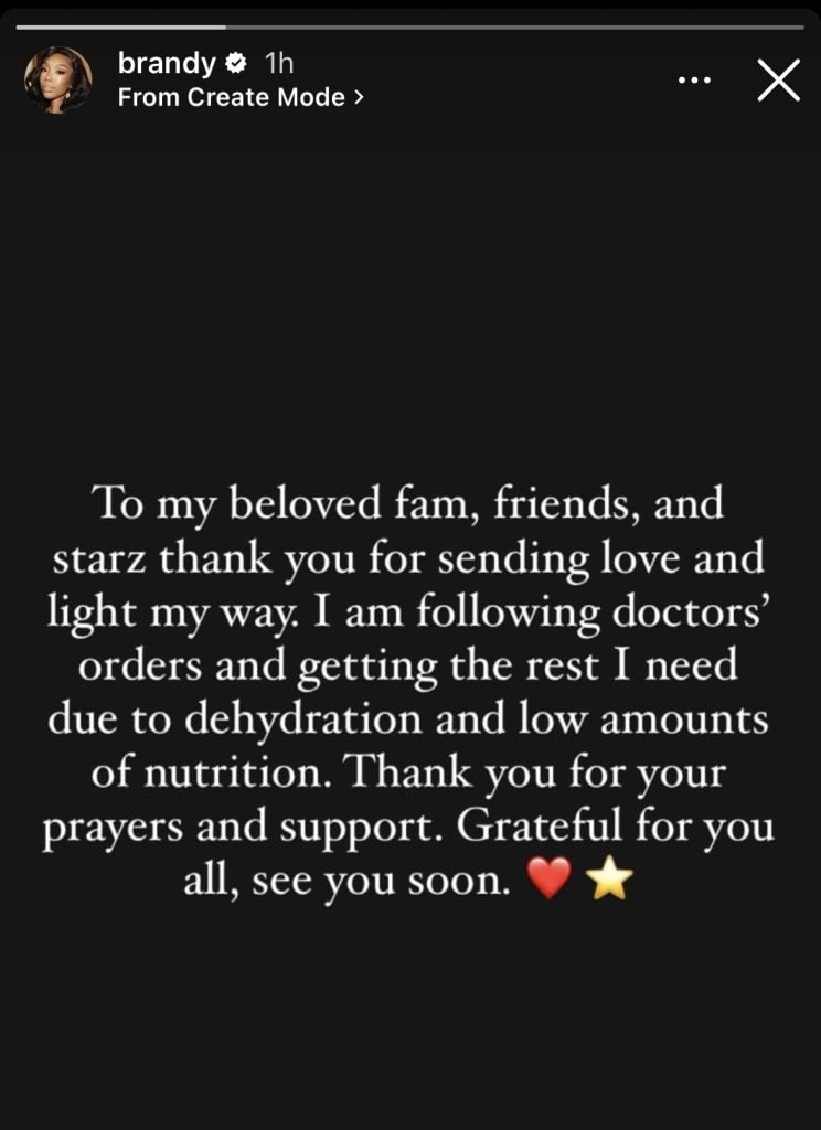 Brandy says she’s resting after being hospitalized for dehydration
