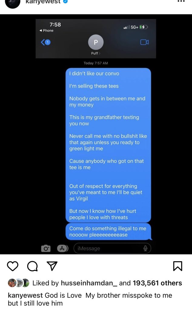 Kanye West posts heated text messages sent to Diddy