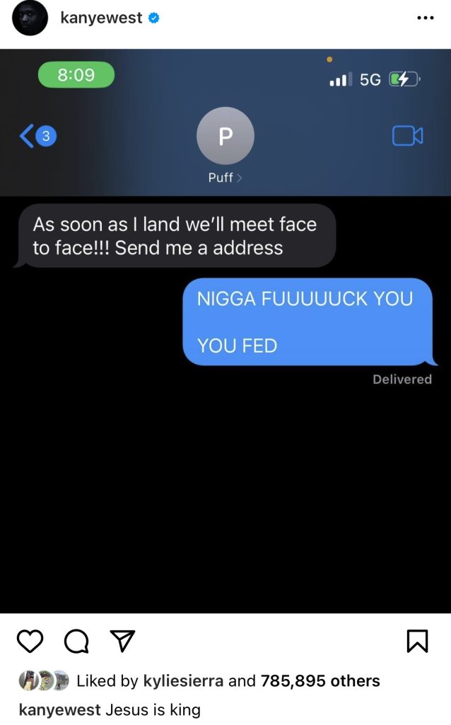 Kanye West posts heated text messages sent to Diddy