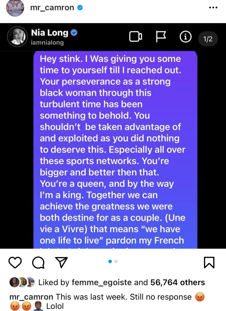 Cam'ron shoots his shot with Nia Long on Instagram