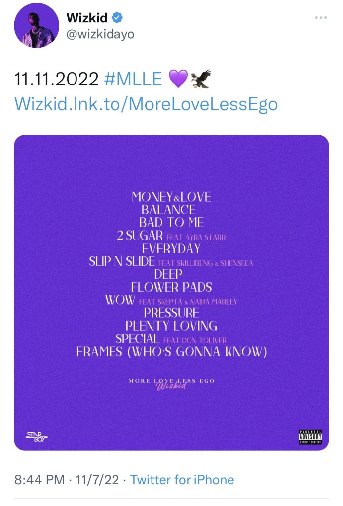 Wizkid reveals “More Love, Less” ego tracklist 