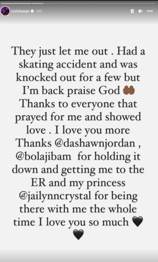 Ty Dolla $ign says he was hospitalized due to skating accident 