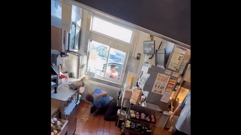 Female McDonalds employees fight in front of customers