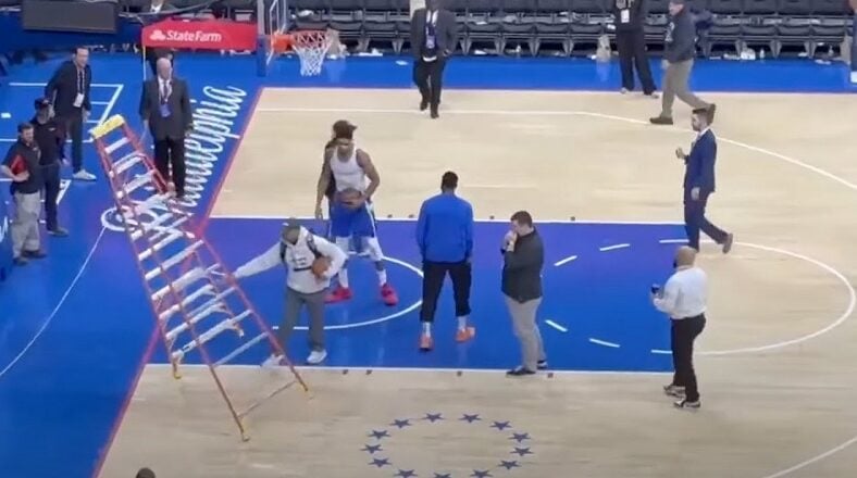 Giannis throws ladder down so he can shoot free throws