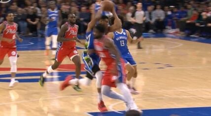 Joel Embiid elbows Giannis Antetokounmpo in the stomach