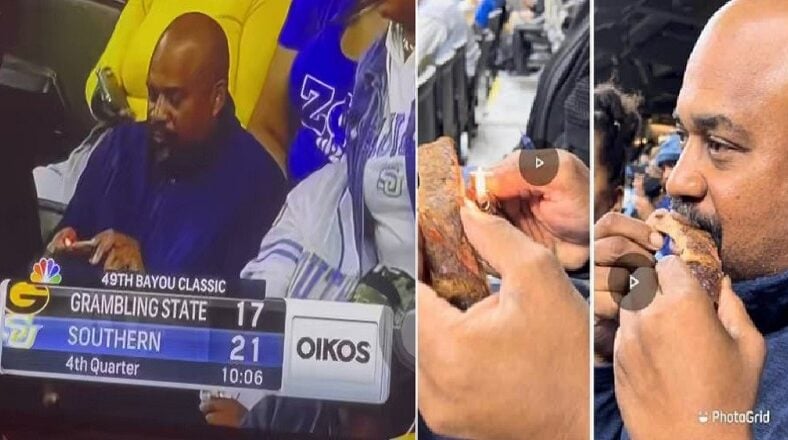 Man uses lighter to warm a rib during Bayou Classic