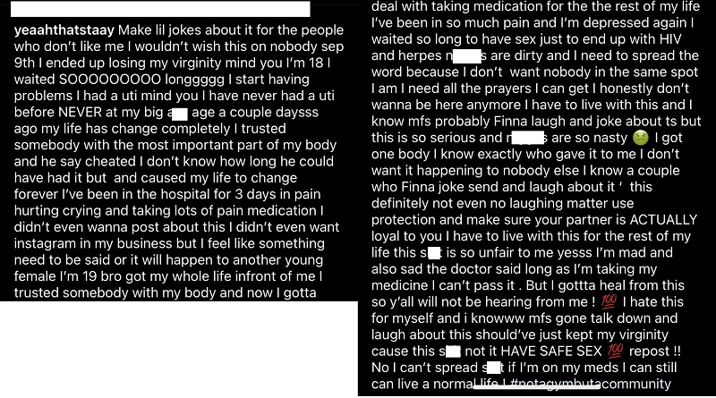 Young woman says she lost her virginity and contracted HIV