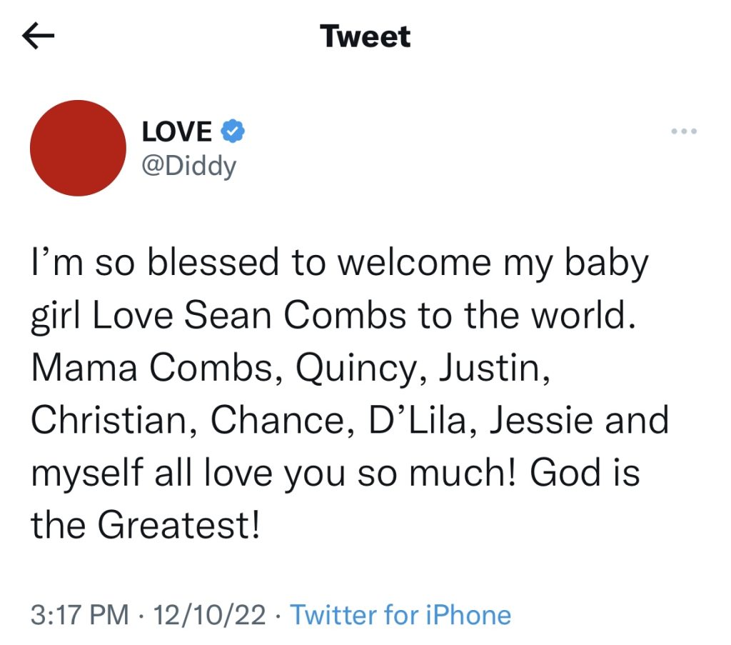 Diddy says that he has welcomed sixth child 