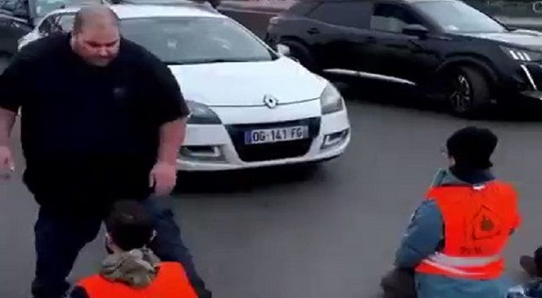 French man physically removes protestors blocking highway