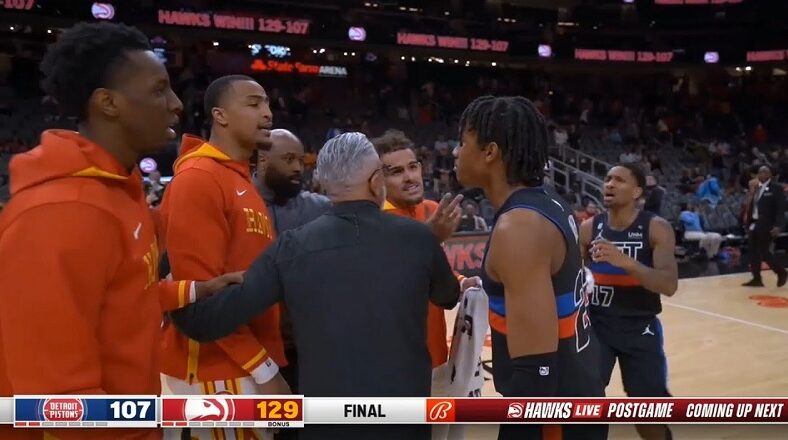 Trae Young and John Collins confront Jaden Ivey after game