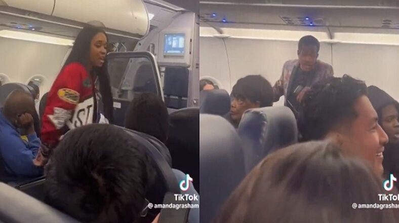 Old man tells off drunk woman on airplane holding up flight