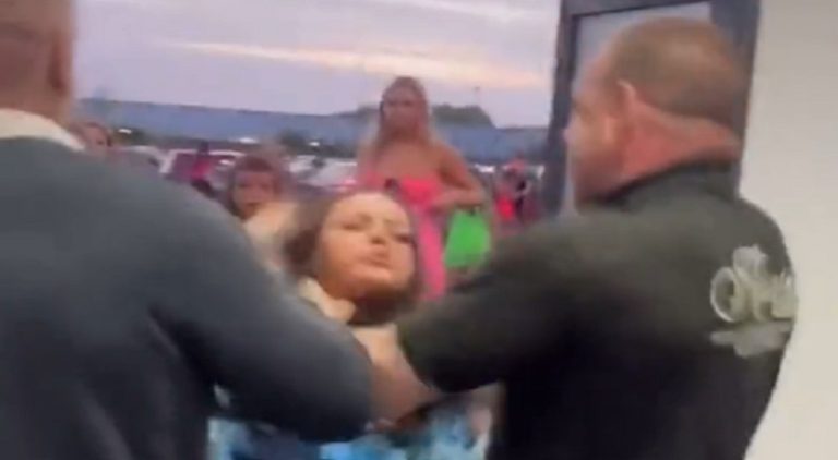 Security grabs teen girl's neck to remove her from the club