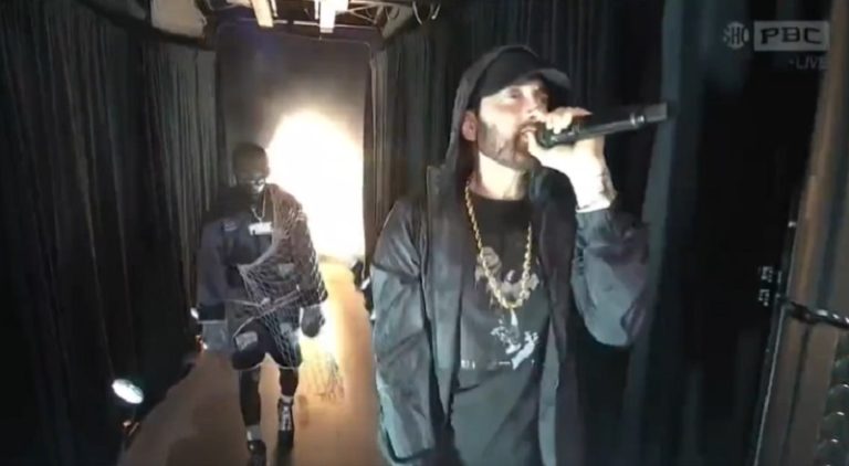 Terence Crawford walks out with Eminem before Spence match