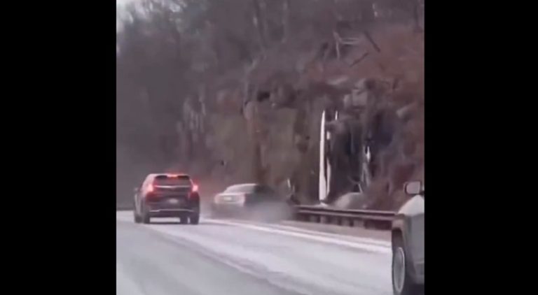Car loses control and flips upside down on freeway and crashes