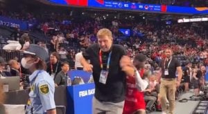 Dennis Schröder runs up on Dirk Nowitzki and scares him