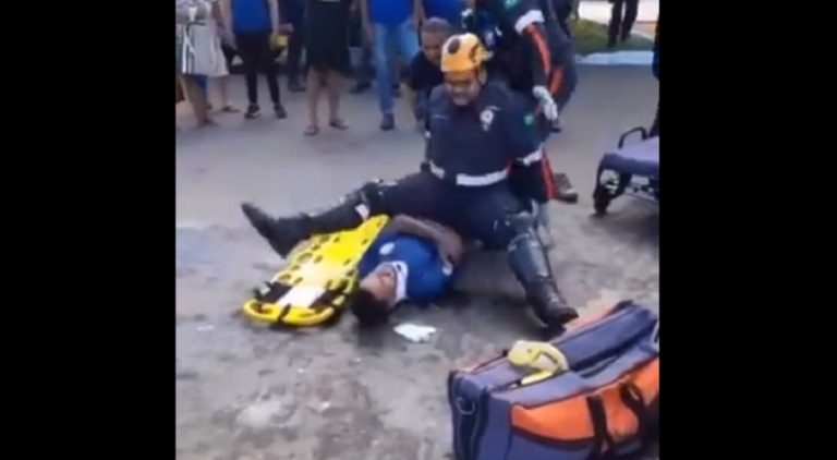 Overweight paramedic slips and falls on a patient's chest