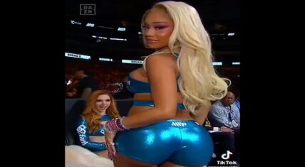 Saweetie as a ring girl during Jake Paul vs. Nate Diaz fight
