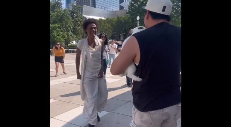 Homeless woman tries to fight a man over his bunny