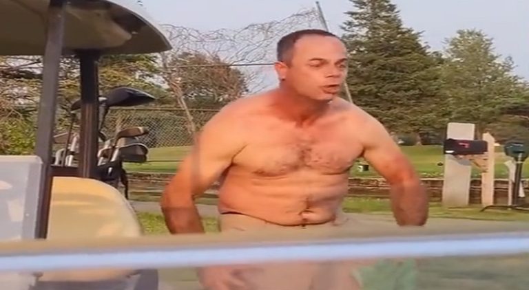 Man takes his shirt off and tries to fight people at golf course