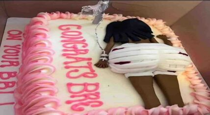 Woman has a party with a cake celebrating her BBL