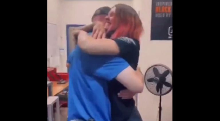 Woman visits her work husband on her day off and intimately hug