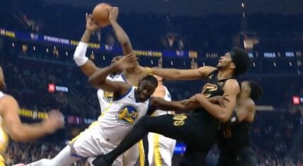 Draymond Green gets kicked in the groin by Jarrett Allen