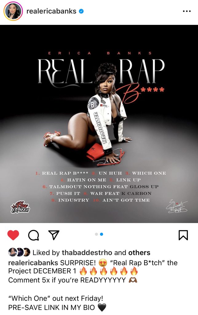 Erica Banks to release “Real Rap B****” project on December 1