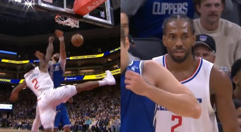 Kawhi Leonard dunks on JaVale McGee and the bench loves it