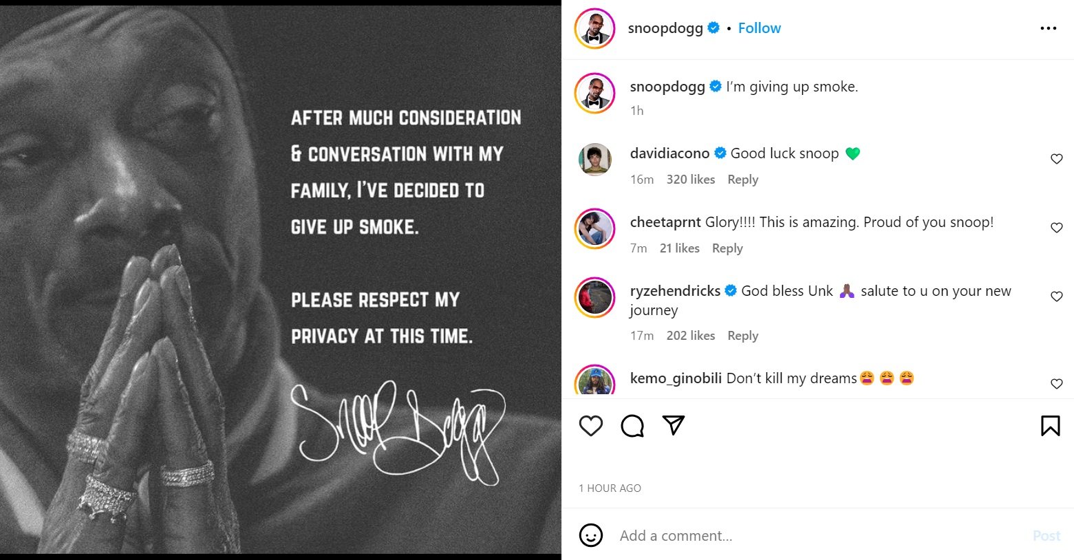 Snoop Dogg says he has decided to give up smoking