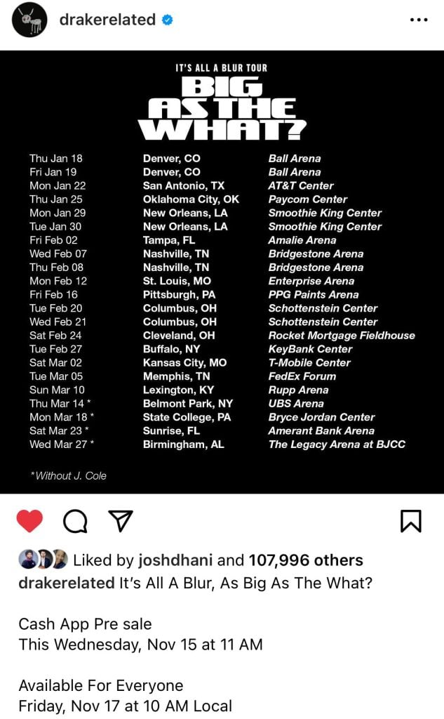 Drake announces second "It's All A Blur" Tour with J. Cole as guest